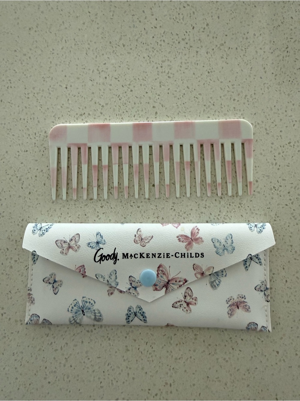 MacKenzie-Childs Goody Pink and White checked Comb with Butterfly Snap Case